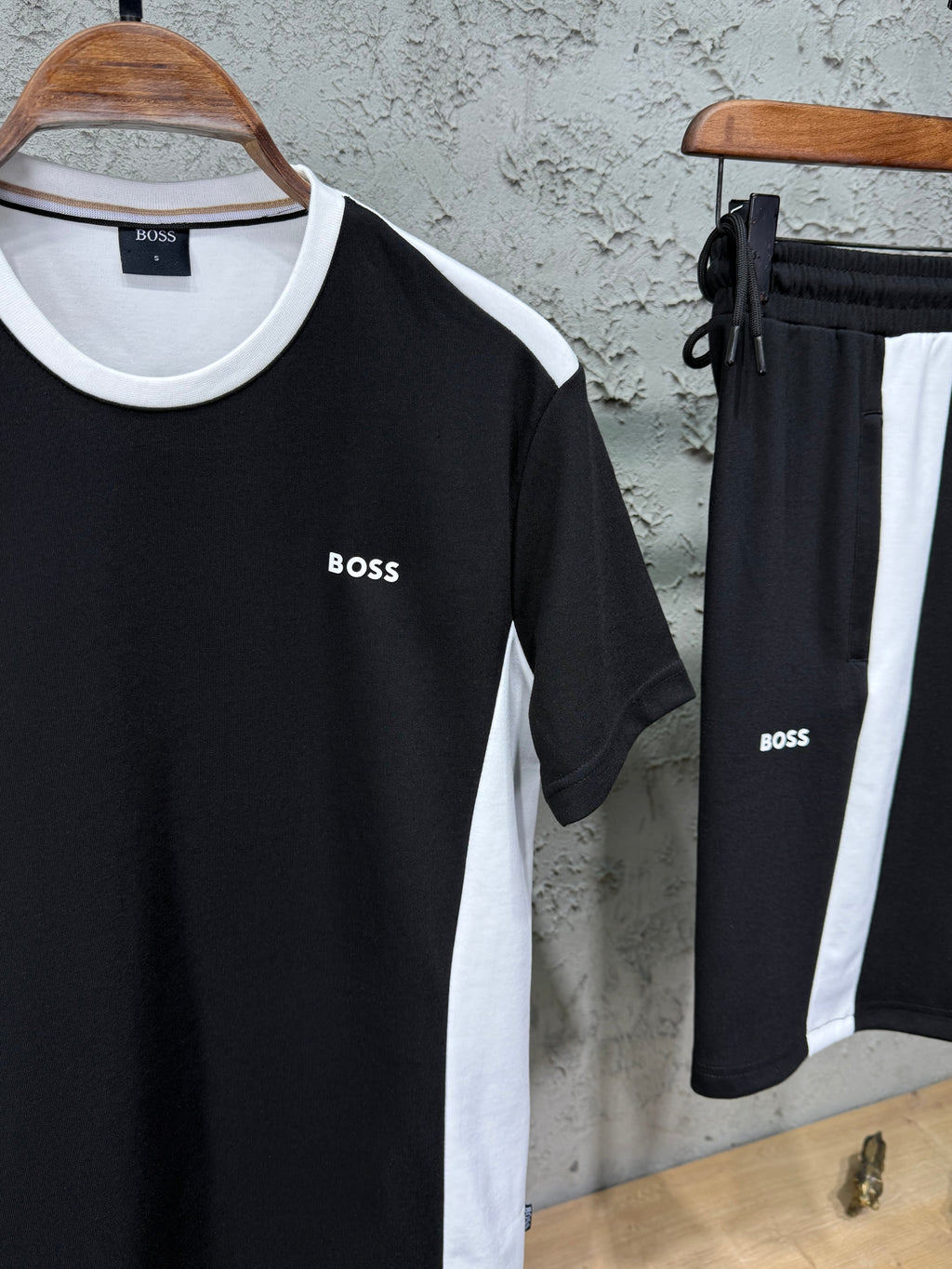 Boss Siyah Beyaz Kontrast Detaylı T-Shirt & Şort Takımı