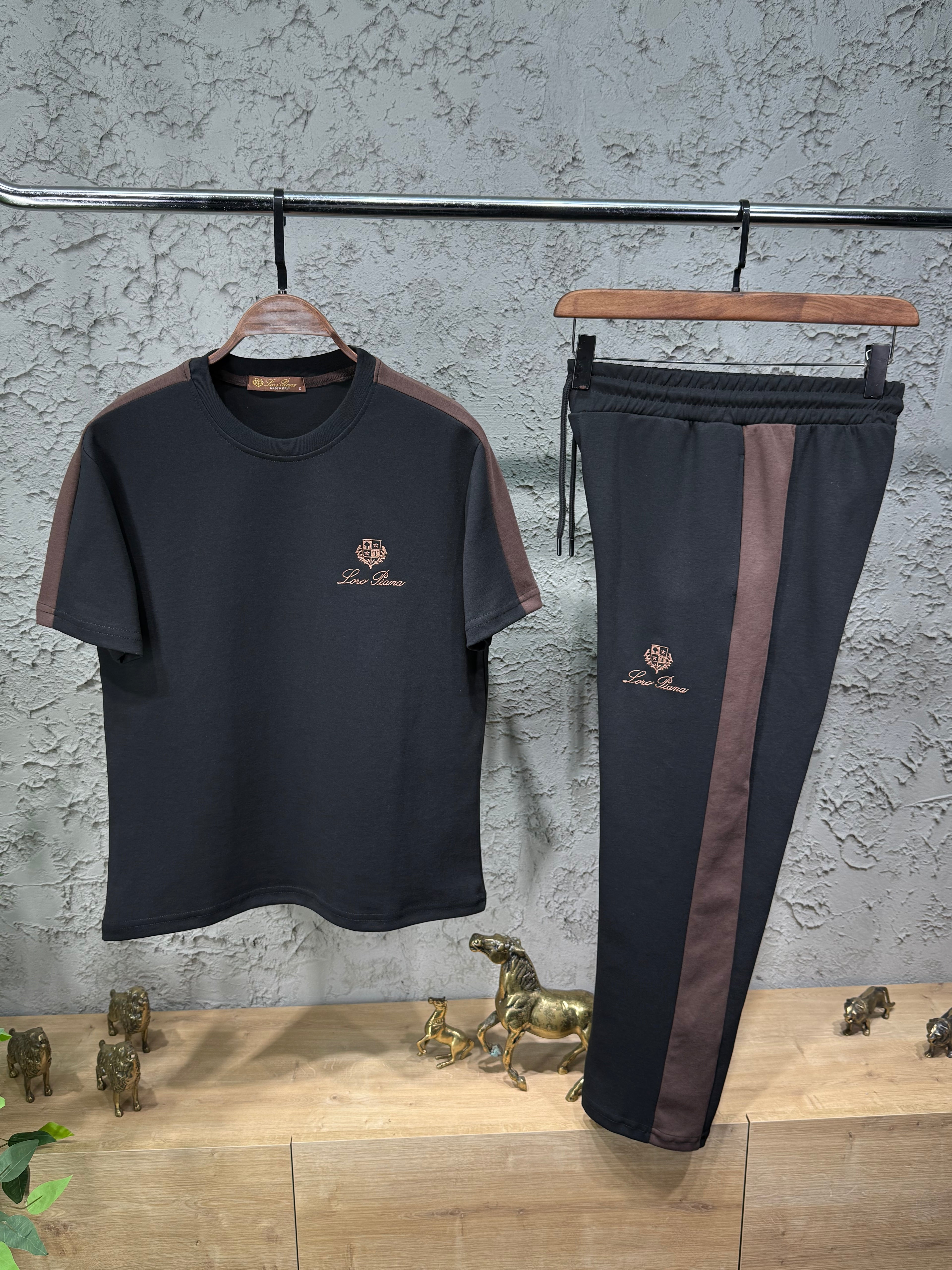 Loro Piana Erkek Siyah Kahverengi Şerit Detaylı Eşofman Takımı