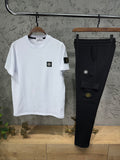 Stone Island Erkek Beyaz T-Shirt & Siyah Kargo Eşofman Takımı