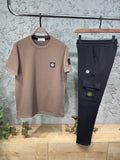Stone Island Erkek Kahverengi T-Shirt & Siyah Kargo Eşofman Takımı