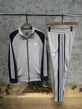 Adidas Erkek Açık Gri-Siyah Fermuarlı Eşofman Takımı – 3 Çizgi Detaylı Premium Seri